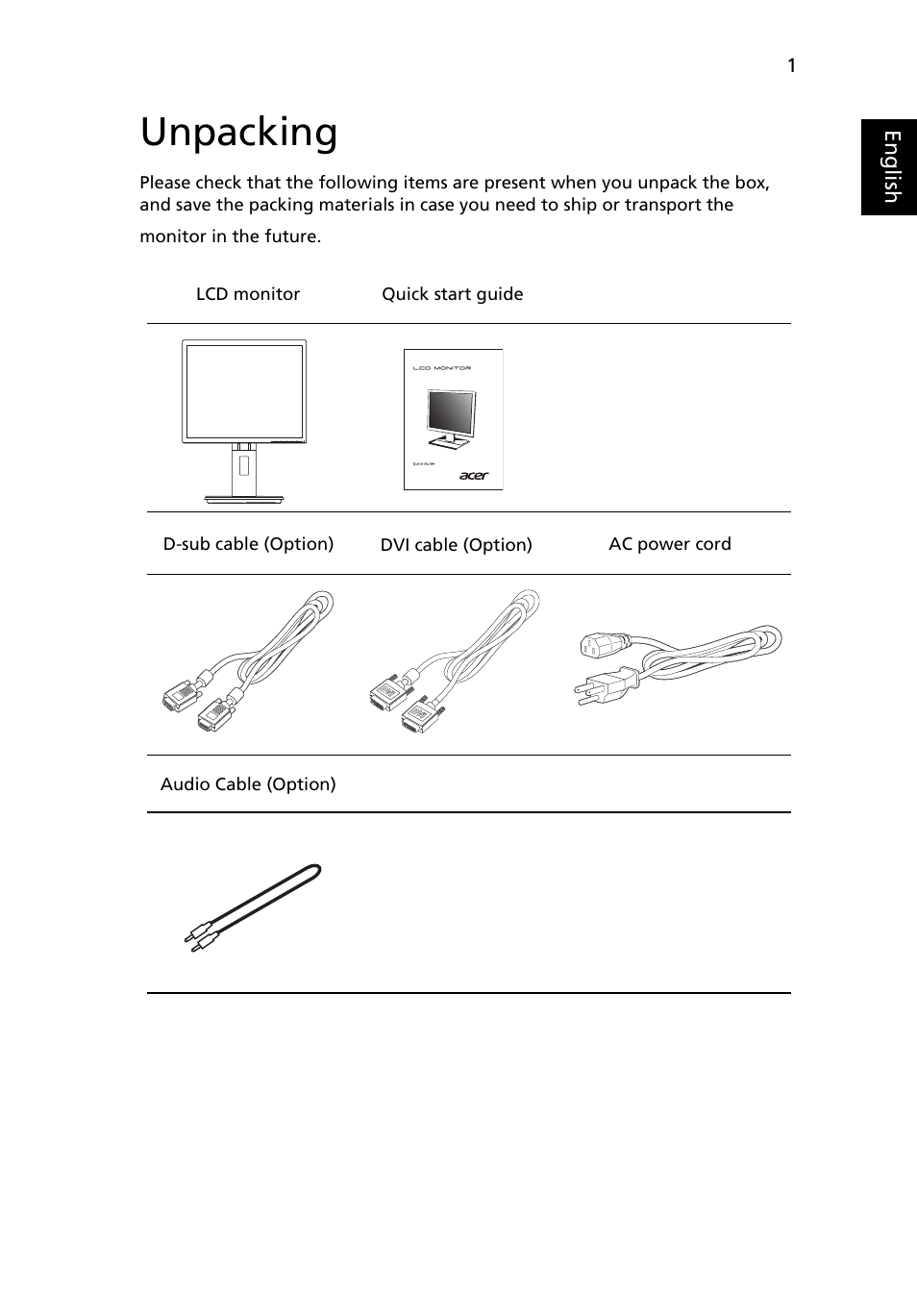 Unpacking | Acer B196L User Manual | Page 13 / 29