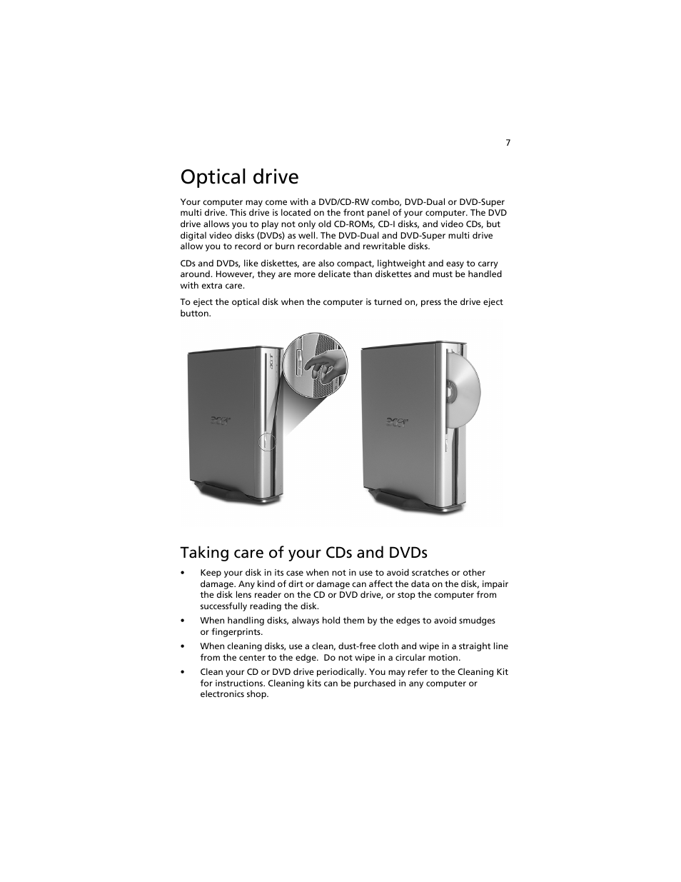 Optical drive, Taking care of your cds and dvds | Acer Aspire L310 User Manual | Page 17 / 51