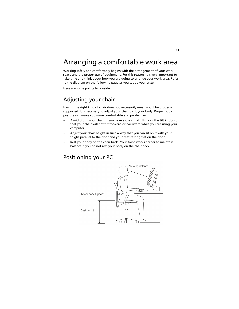Arranging a comfortable work area, Adjusting your chair, Positioning your pc | Acer Aspire L310 User Manual | Page 21 / 51