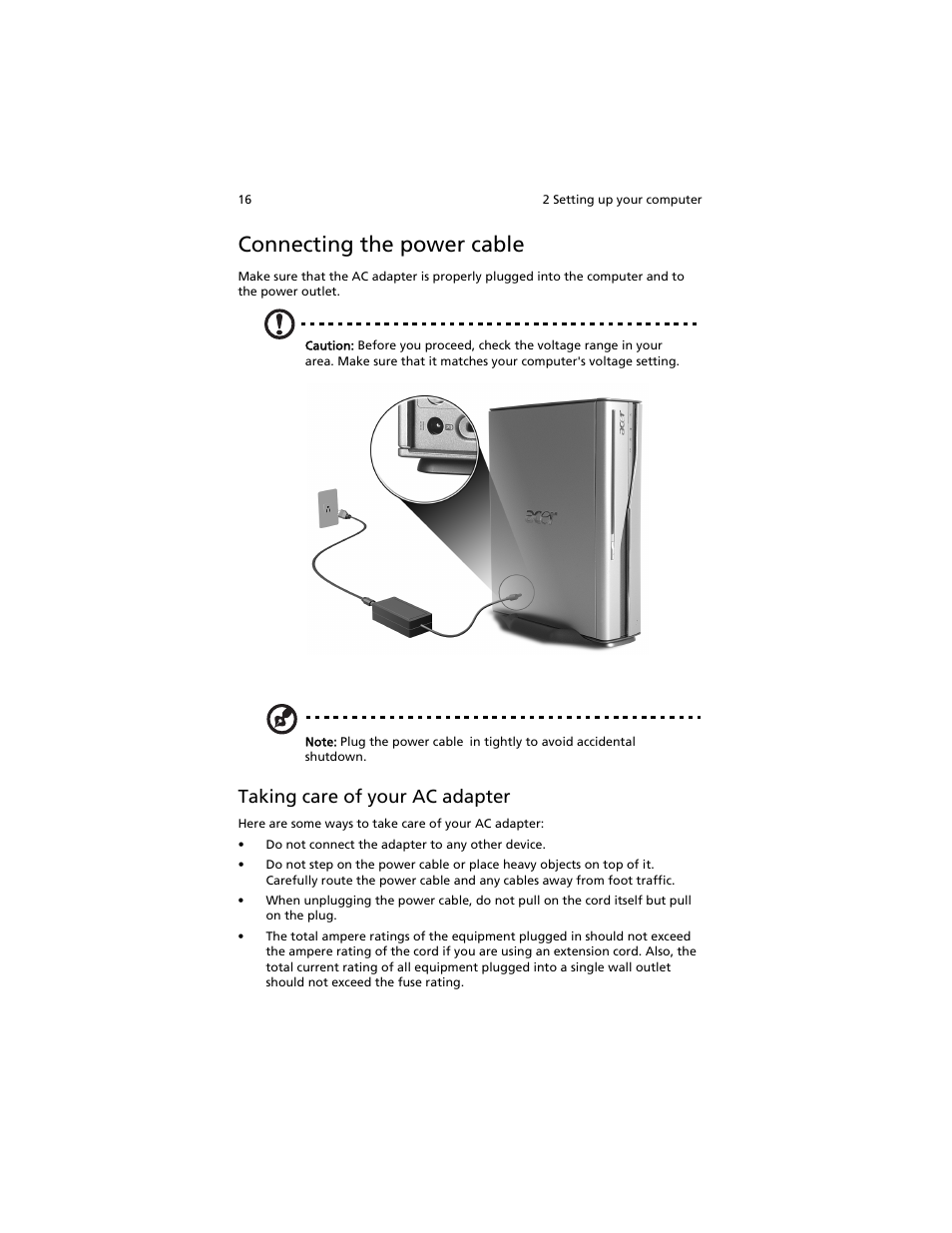 Connecting the power cable, Connecting a monitor, Taking care of your ac adapter | Acer Aspire L310 User Manual | Page 26 / 51