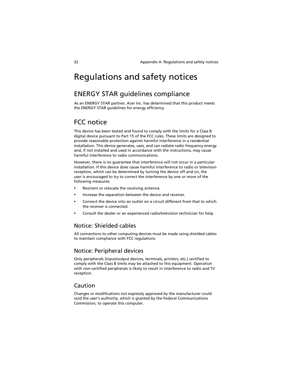 Regulations and safety notices, Energy star guidelines compliance, Fcc notice | Appendix a: regulations and safety notices 31 | Acer Aspire L310 User Manual | Page 42 / 51