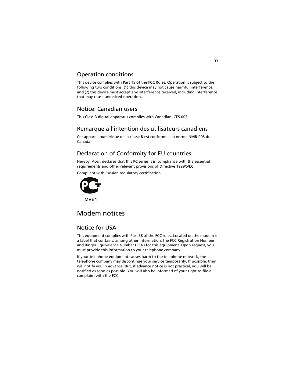 Modem notices | Acer Aspire L310 User Manual | Page 43 / 51