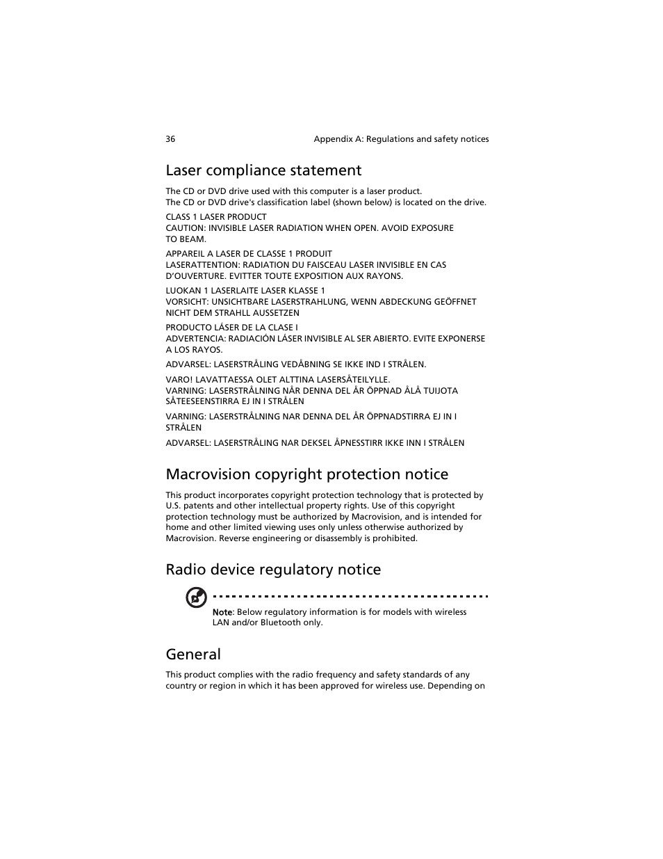 Laser compliance statement, Macrovision copyright protection notice, Radio device regulatory notice | General | Acer Aspire L310 User Manual | Page 46 / 51