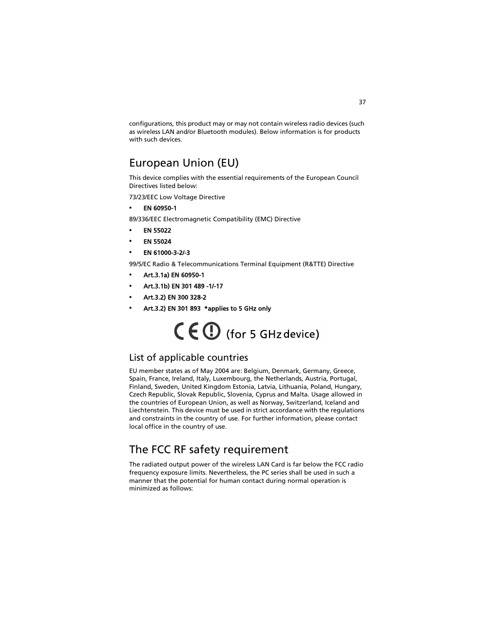 European union (eu), The fcc rf safety requirement, List of applicable countries | Acer Aspire L310 User Manual | Page 47 / 51