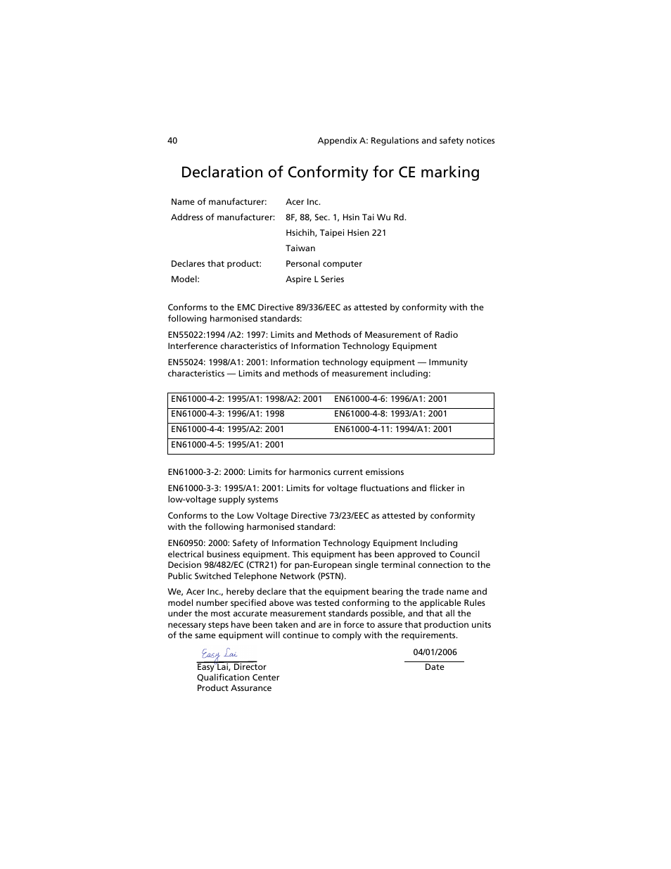 Declaration of conformity for ce marking | Acer Aspire L310 User Manual | Page 50 / 51