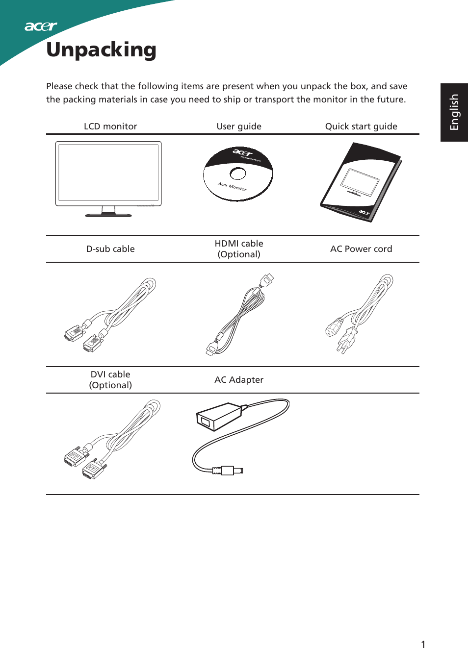 Unpacking | Acer S220HQL User Manual | Page 13 / 27