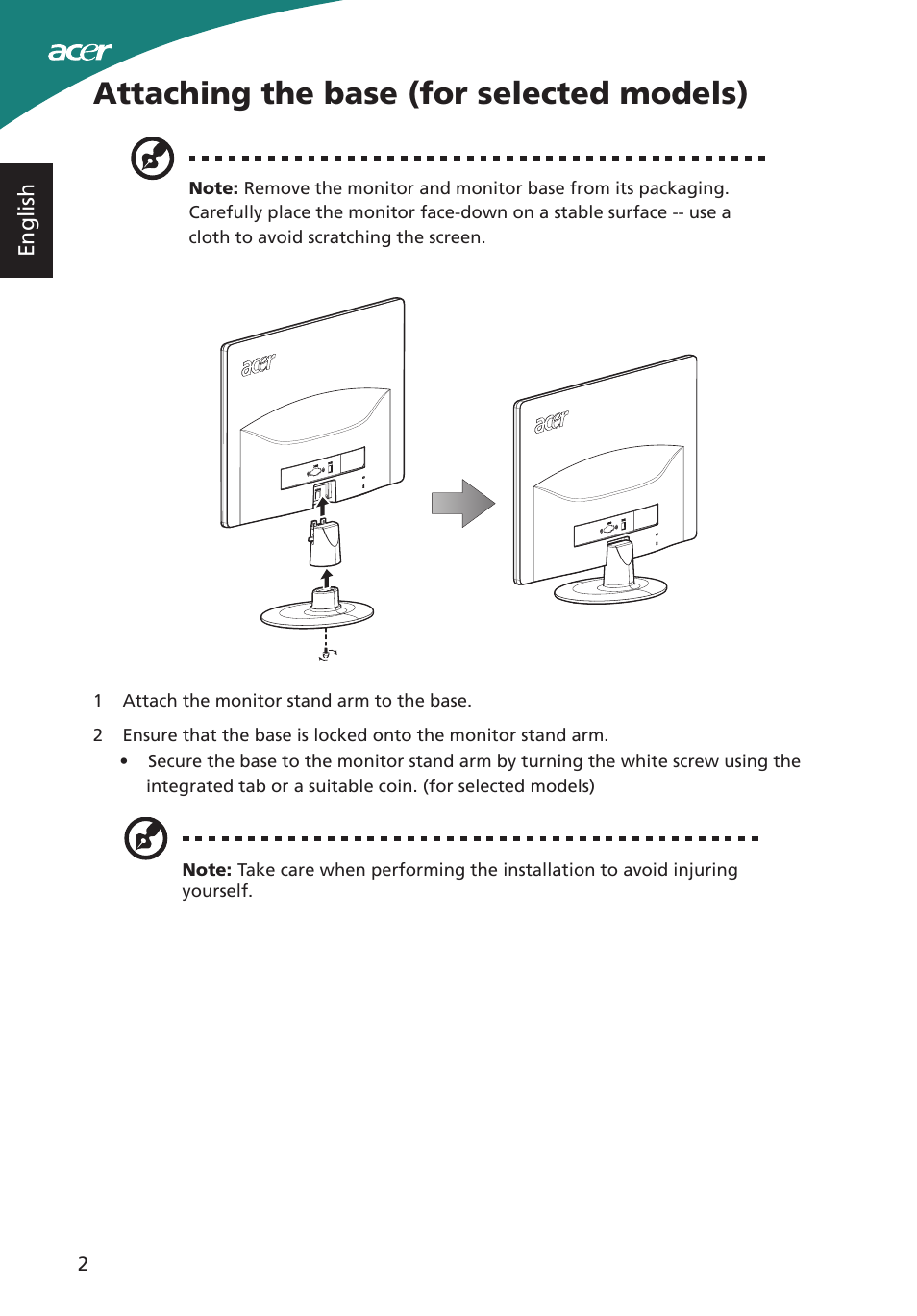 Attaching the base (for selected models) | Acer S220HQL User Manual | Page 14 / 27