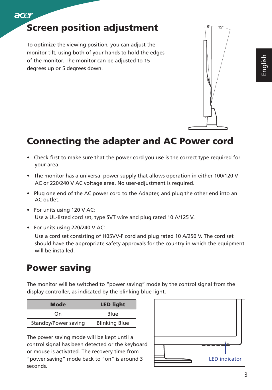 Screen position adjustment, Connecting the adapter and ac power cord, Power saving | English | Acer S220HQL User Manual | Page 15 / 27