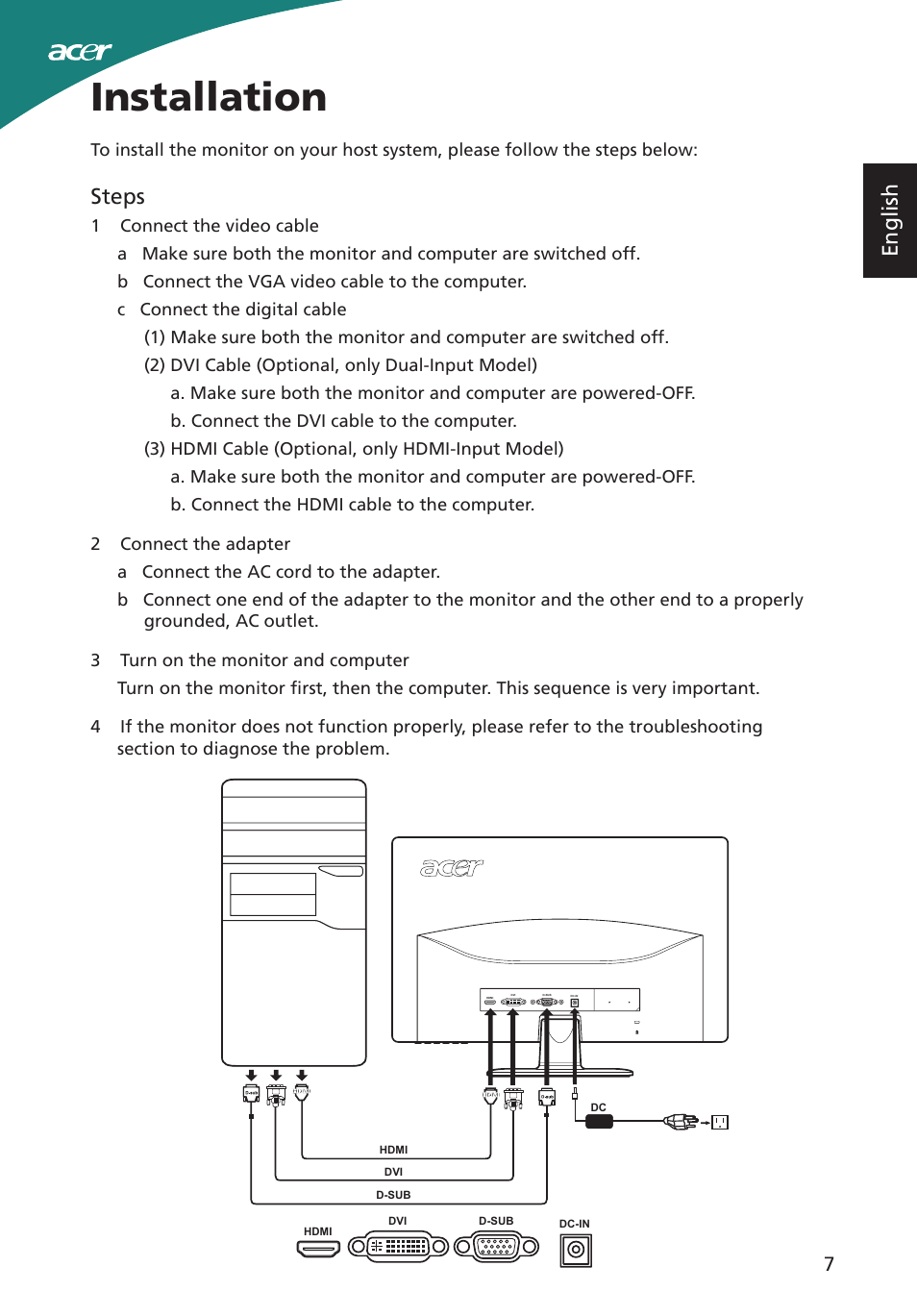 Installation, English, Steps | Acer S220HQL User Manual | Page 19 / 27