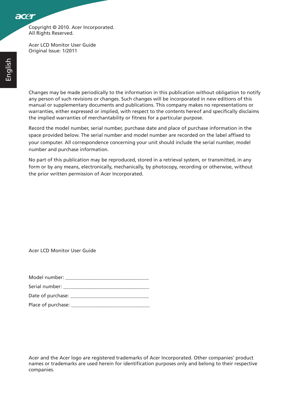 English | Acer S220HQL User Manual | Page 2 / 27