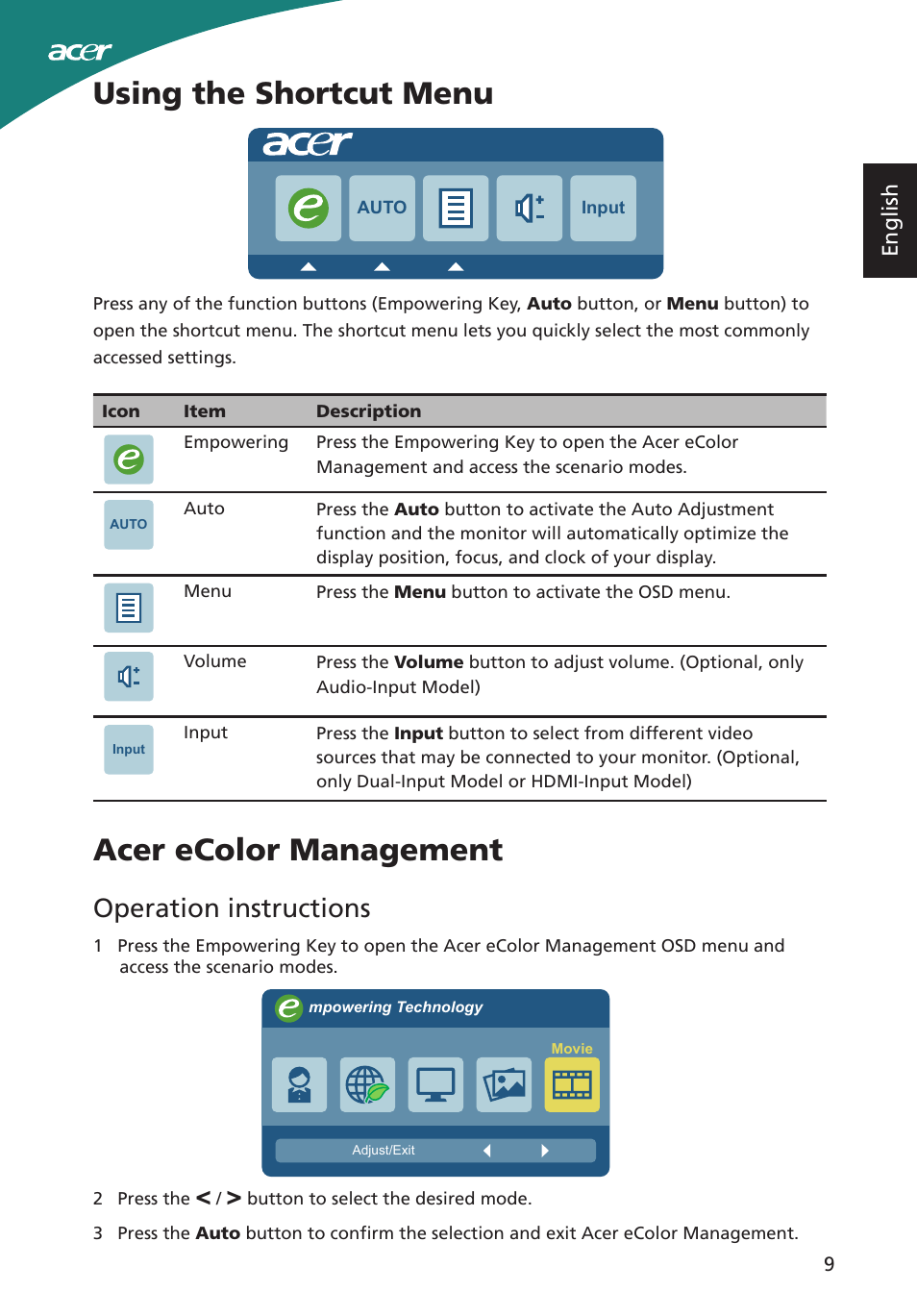 Using the shortcut menu, Acer ecolor management, Operation instructions | English | Acer S220HQL User Manual | Page 21 / 27