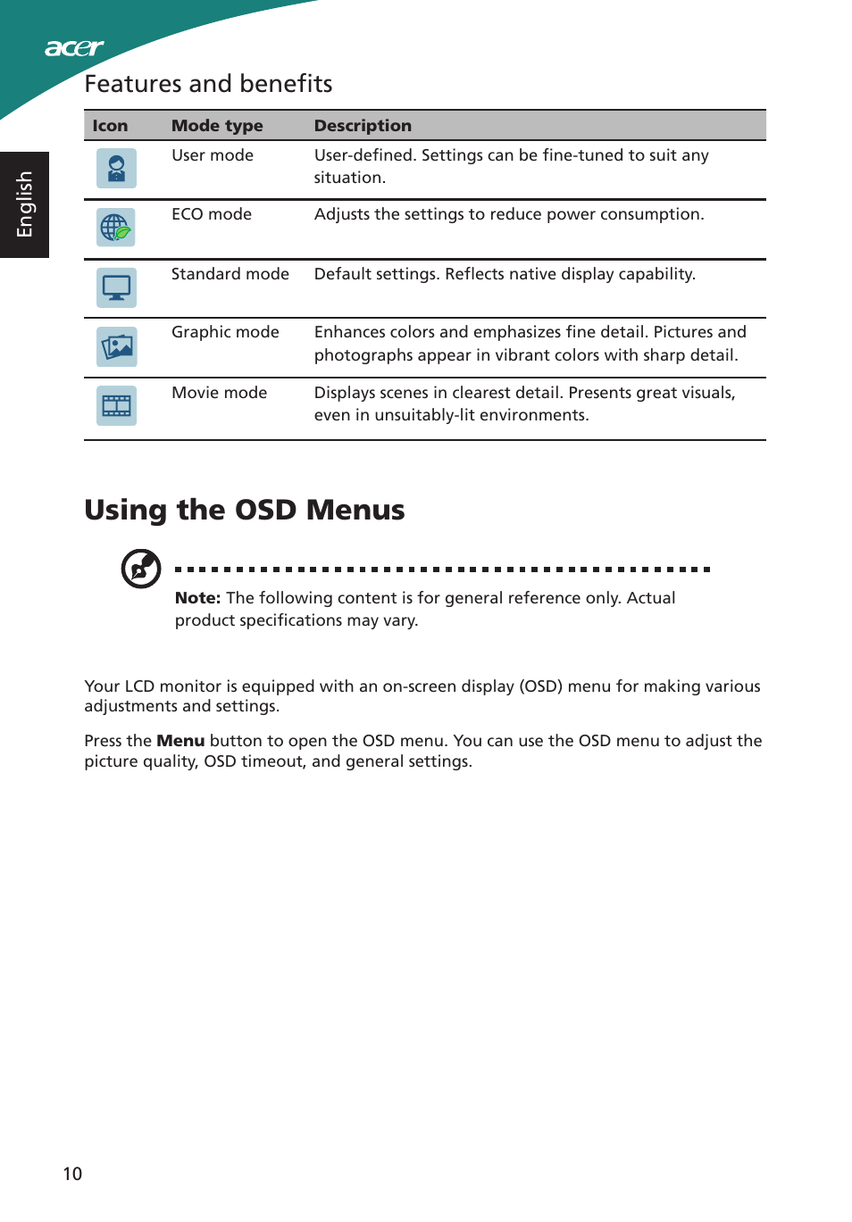 Features and benefits, Using the osd menus, English | Acer S220HQL User Manual | Page 22 / 27