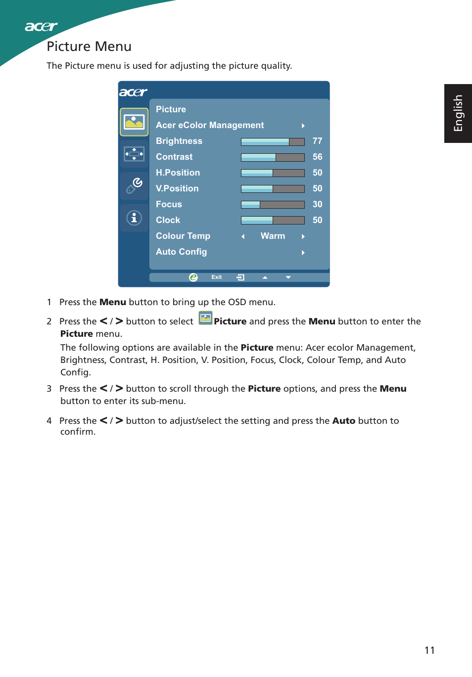 Picture menu, English | Acer S220HQL User Manual | Page 23 / 27