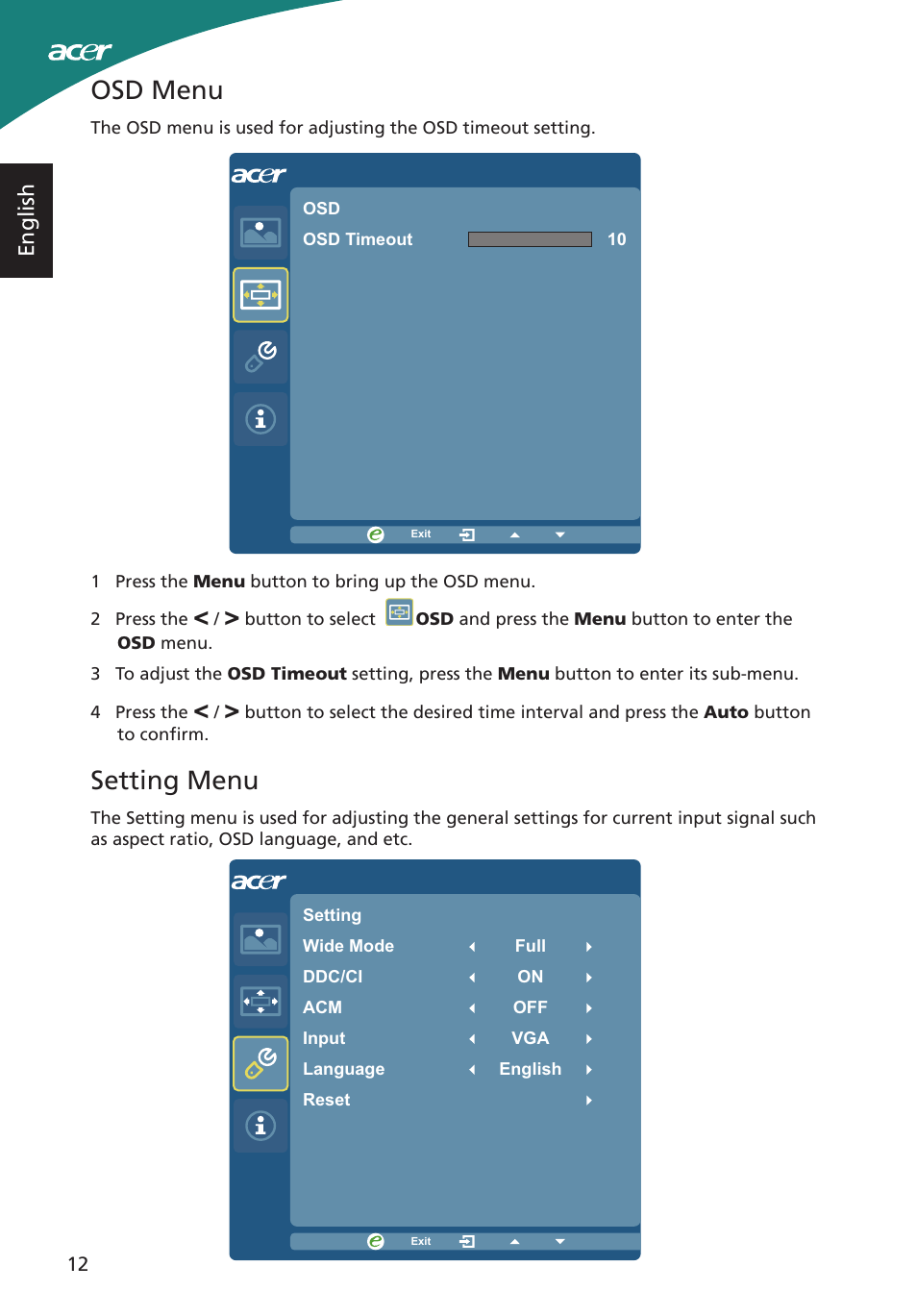 Osd menu, Setting menu, English | Acer S220HQL User Manual | Page 24 / 27