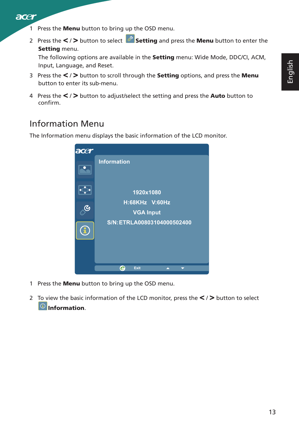 Information menu | Acer S220HQL User Manual | Page 25 / 27