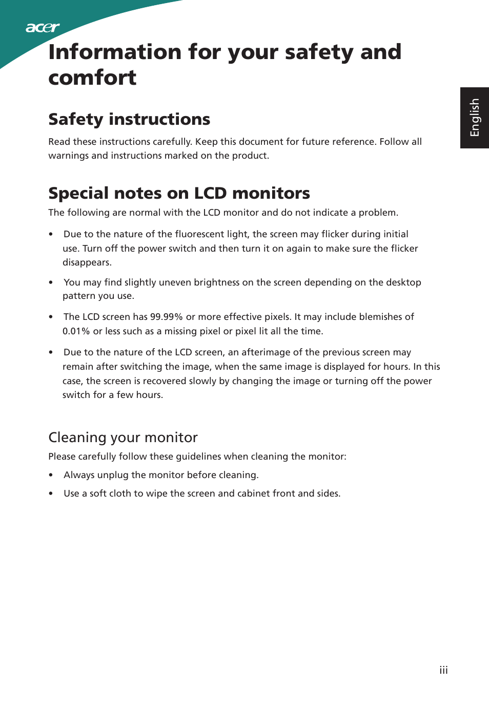 Information for your safety and comfort, Safety instructions, Special notes on lcd monitors | Cleaning your monitor | Acer S220HQL User Manual | Page 3 / 27