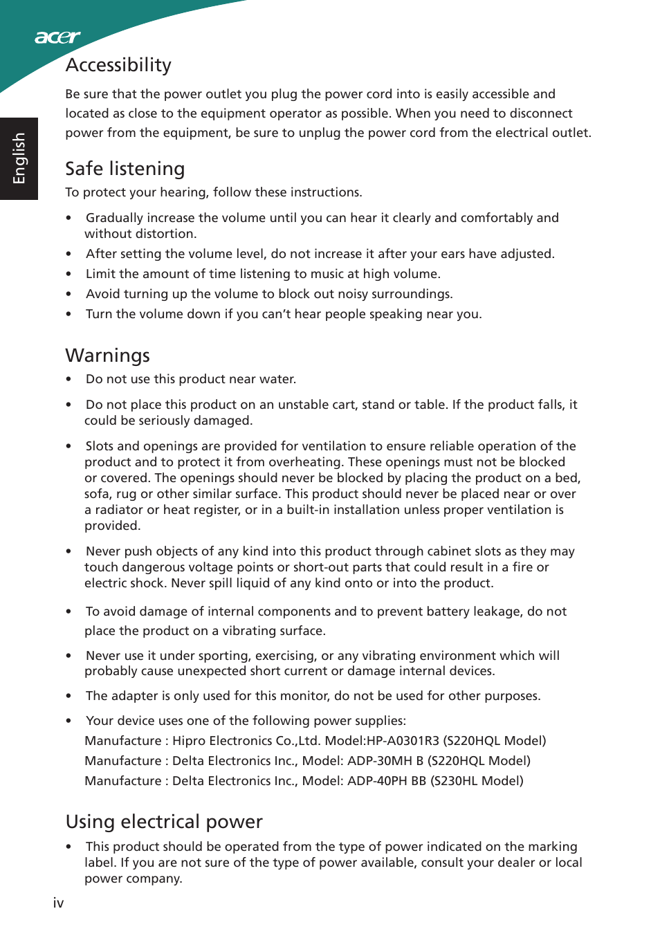 Accessibility, Safe listening, Warnings | Using electrical power | Acer S220HQL User Manual | Page 4 / 27