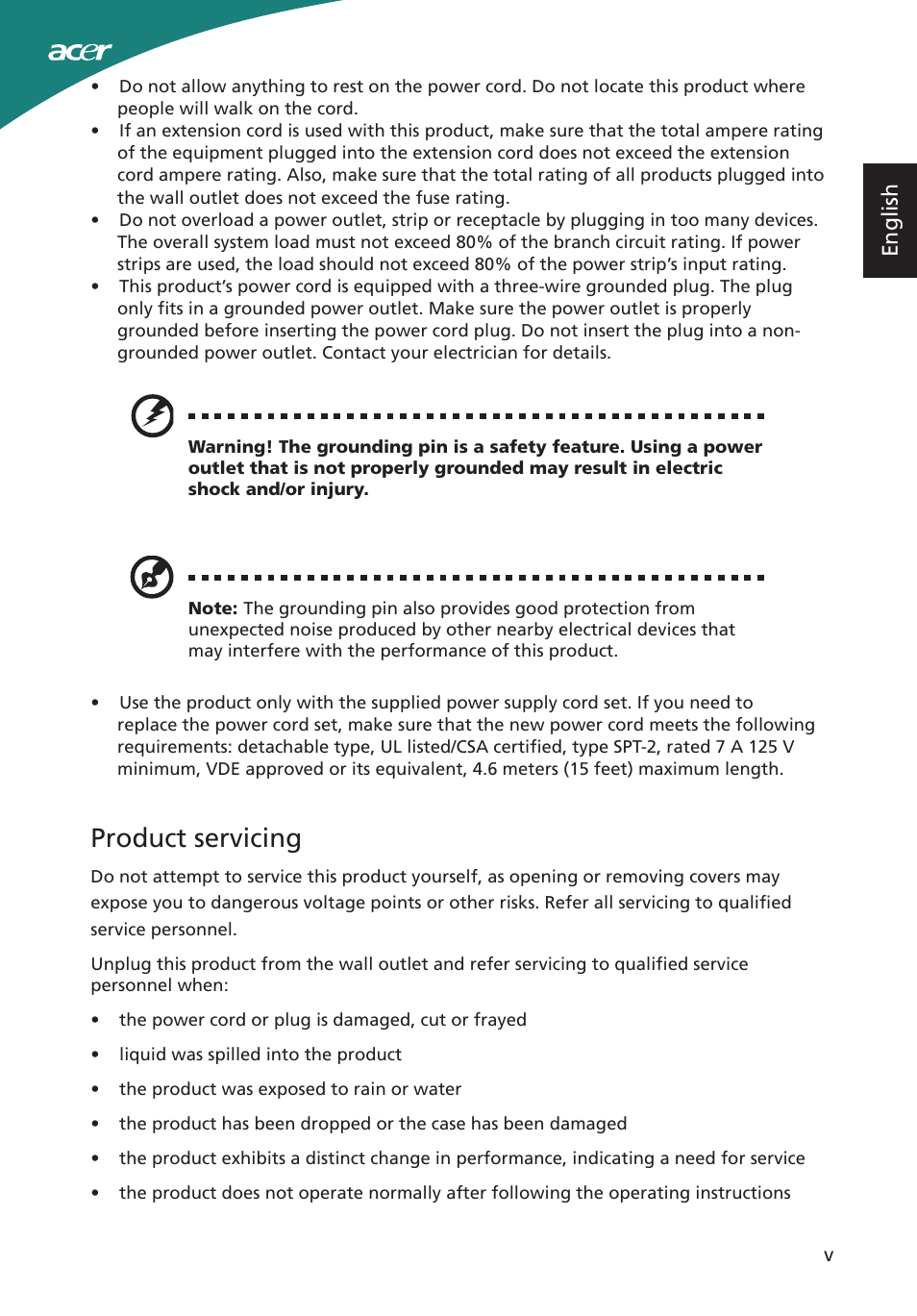 Product servicing, English | Acer S220HQL User Manual | Page 5 / 27