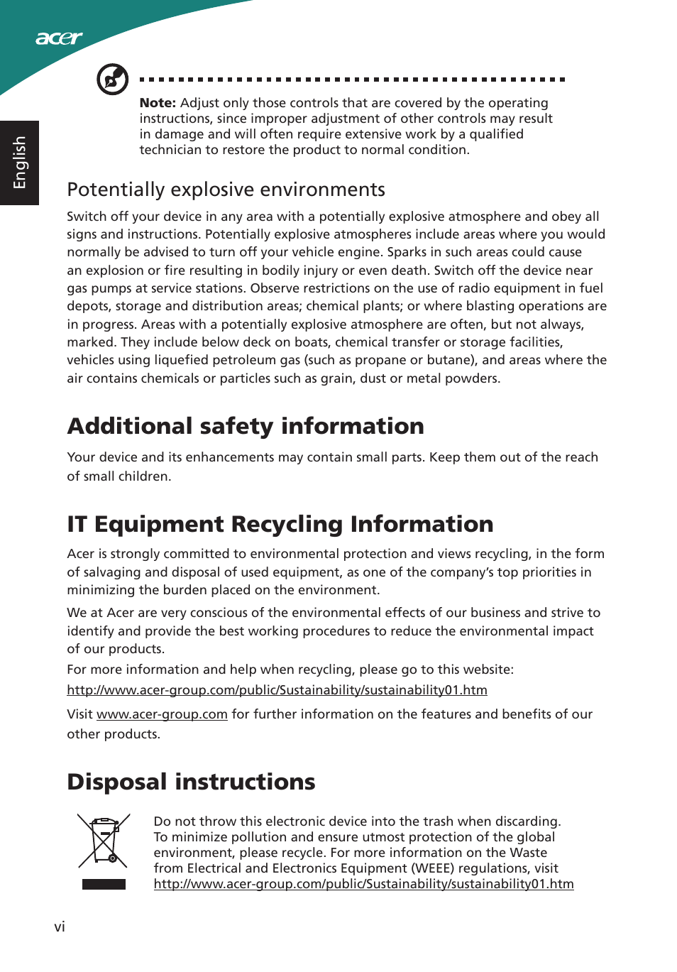 Potentially explosive environments, Additional safety information, It equipment recycling information | Disposal instructions | Acer S220HQL User Manual | Page 6 / 27