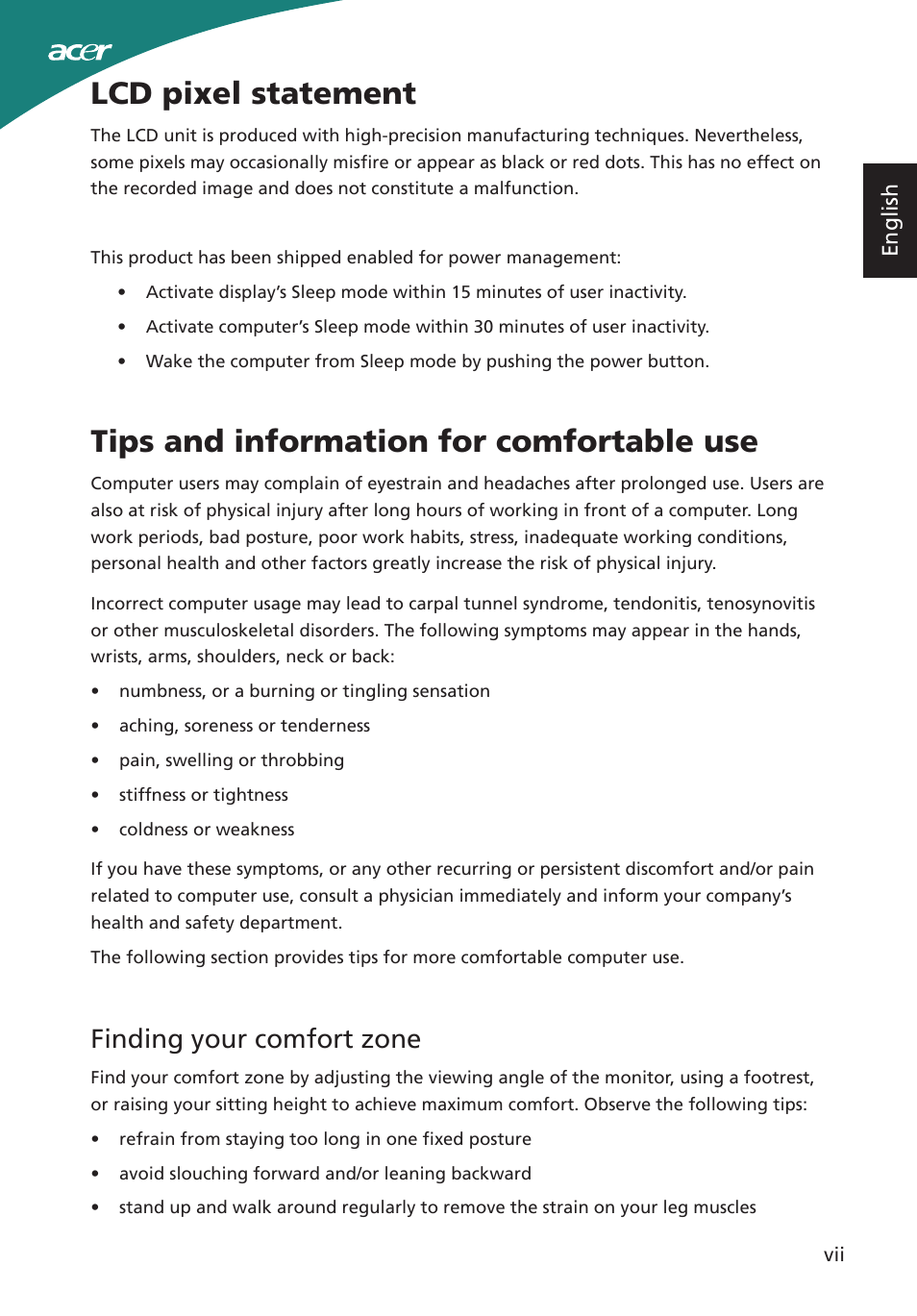 Lcd pixel statement, Tips and information for comfortable use, Finding your comfort zone | Acer S220HQL User Manual | Page 7 / 27