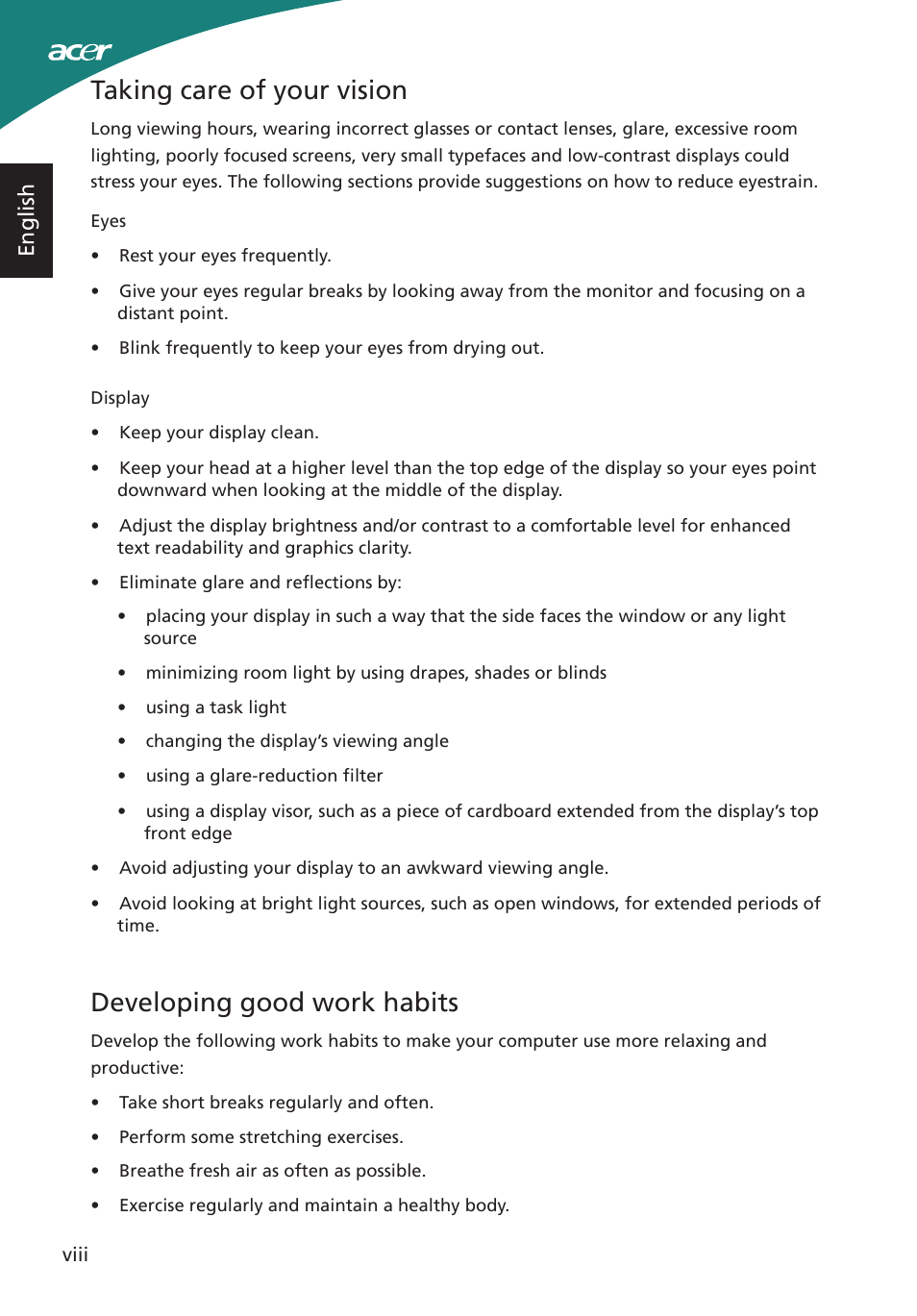 Taking care of your vision, Developing good work habits, English | Acer S220HQL User Manual | Page 8 / 27
