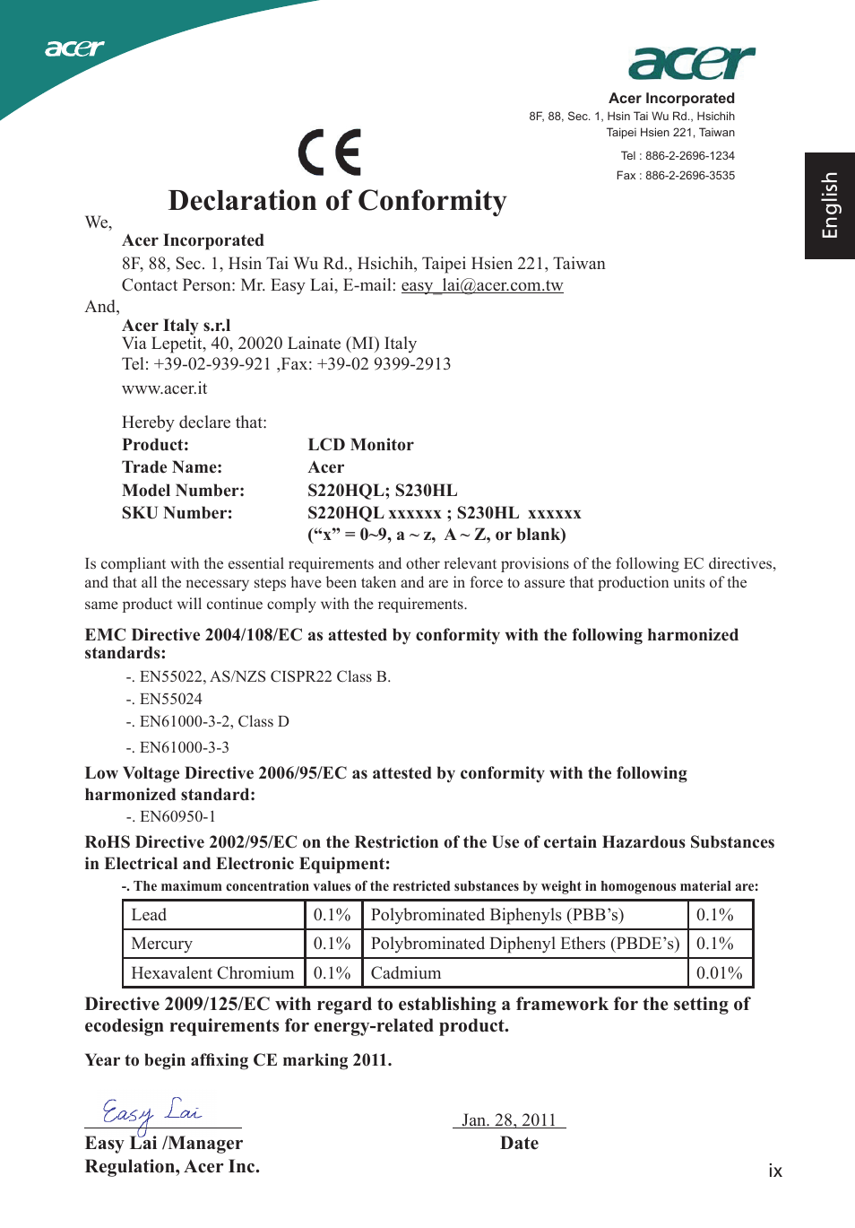 Declaration of conformity, English | Acer S220HQL User Manual | Page 9 / 27