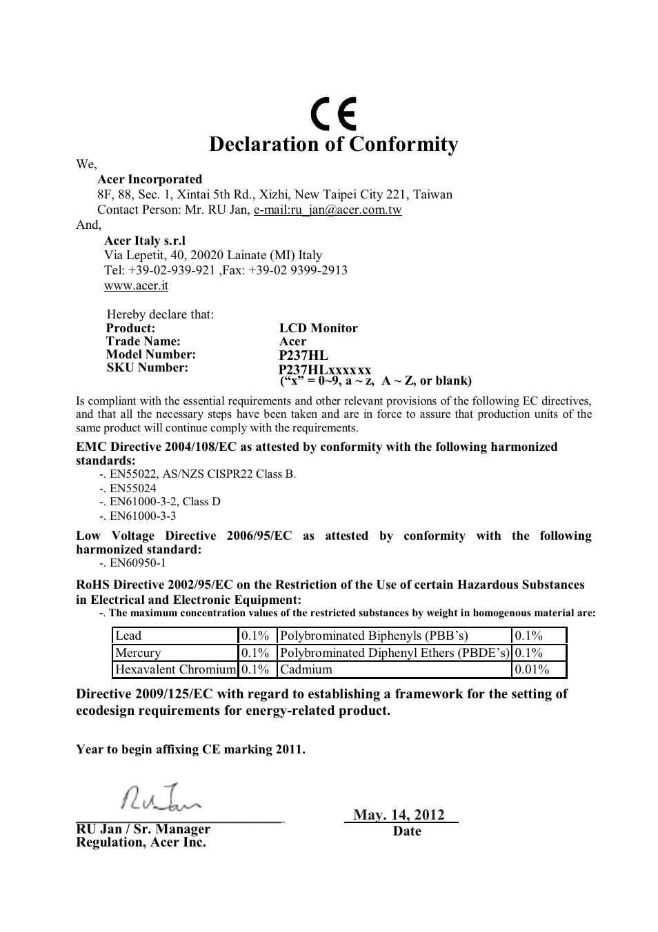 Declaration of conformity | Acer P237HL User Manual | Page 22 / 23