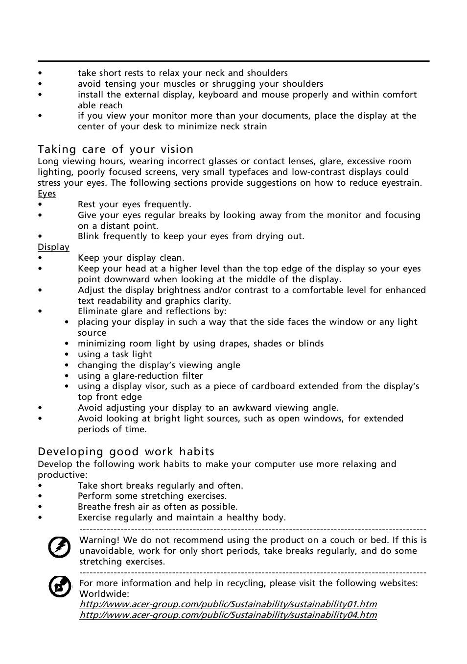 En-4, Taking care of your vision, Developing good work habits | Acer P237HL User Manual | Page 5 / 23