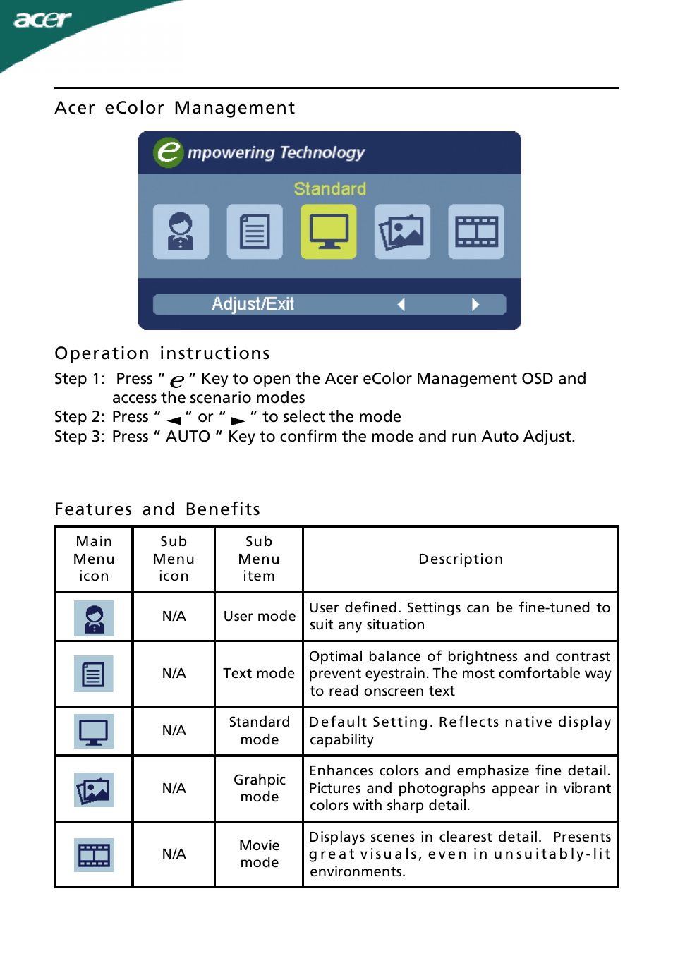 Acer ecolor management operation instructions, Features and benefits | Acer P216H User Manual | Page 15 / 23