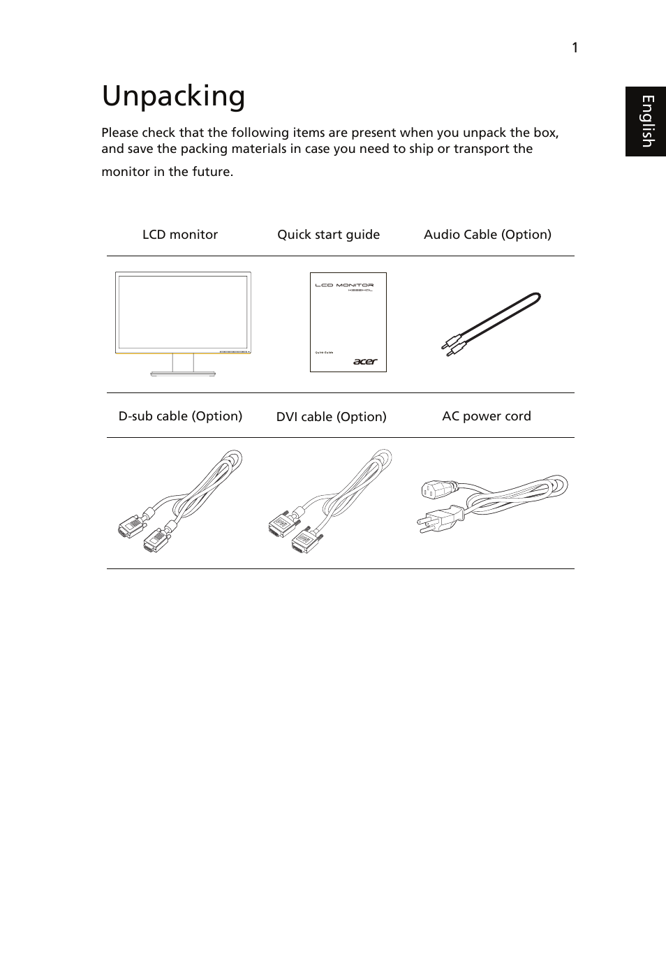 Unpacking | Acer K222HQL User Manual | Page 13 / 27