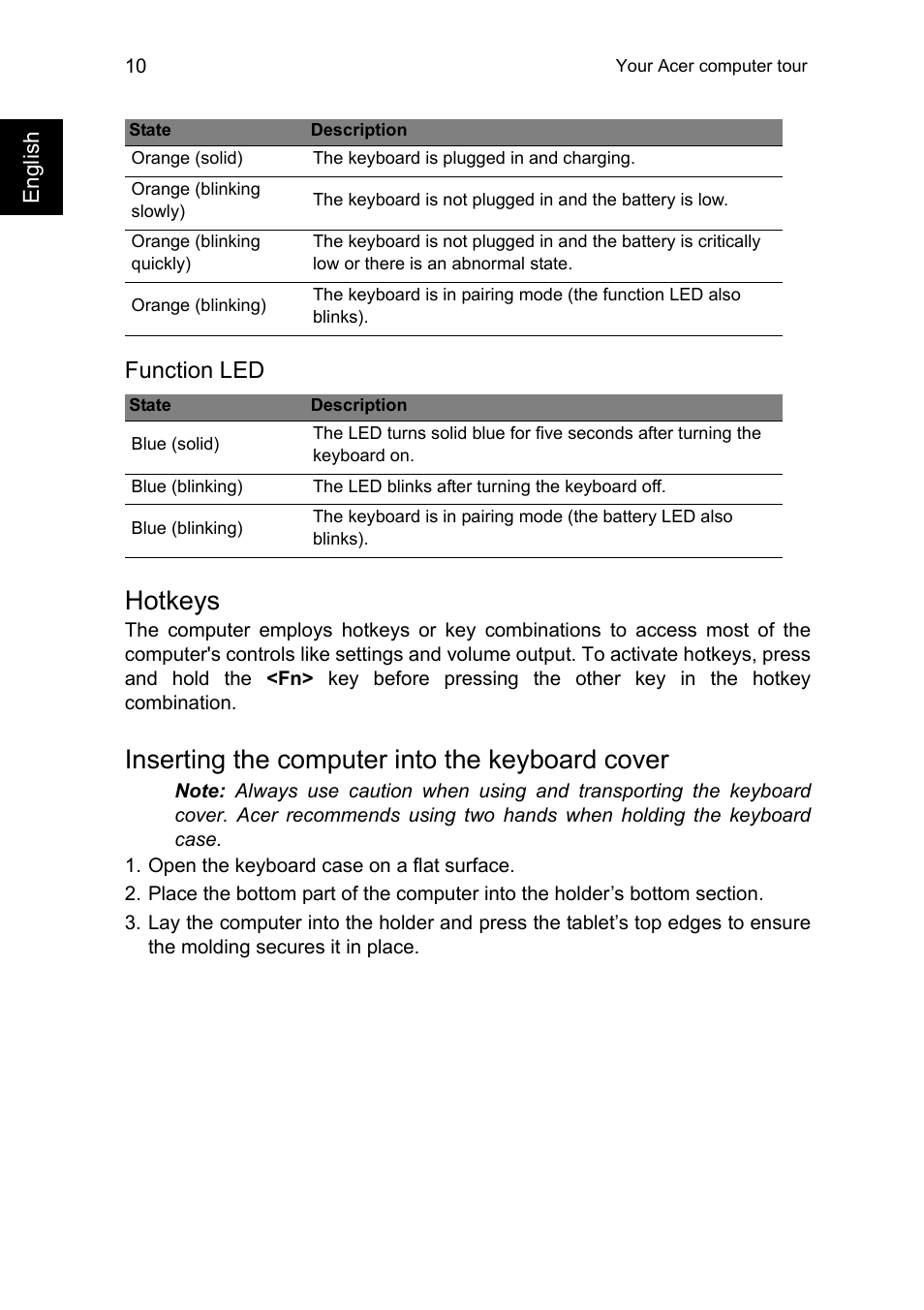 Hotkeys, Inserting the computer into the keyboard cover, Function led | Acer W701 User Manual | Page 10 / 17