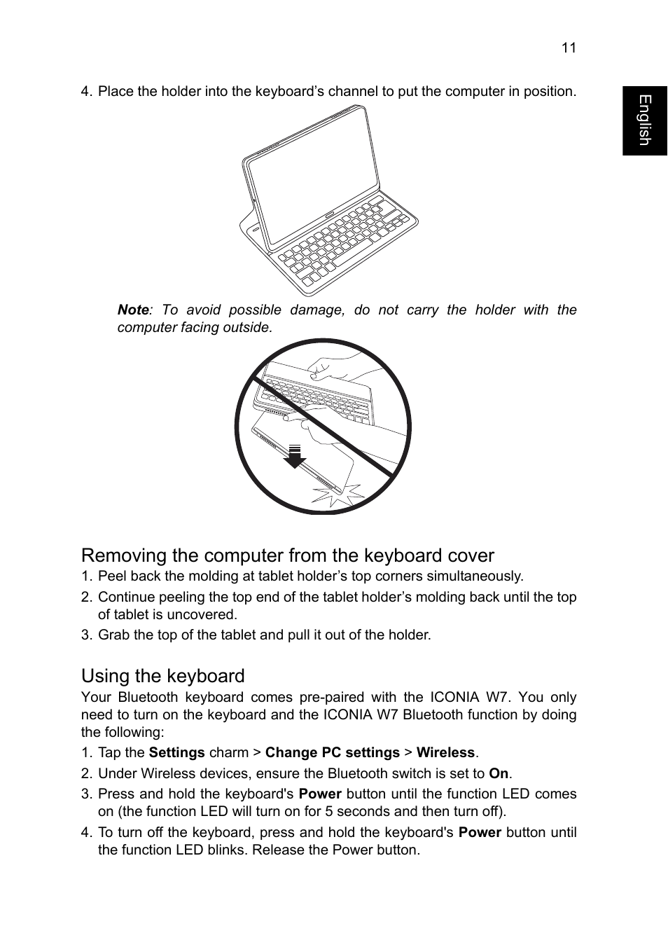 Removing the computer from the keyboard cover, Using the keyboard | Acer W701 User Manual | Page 11 / 17