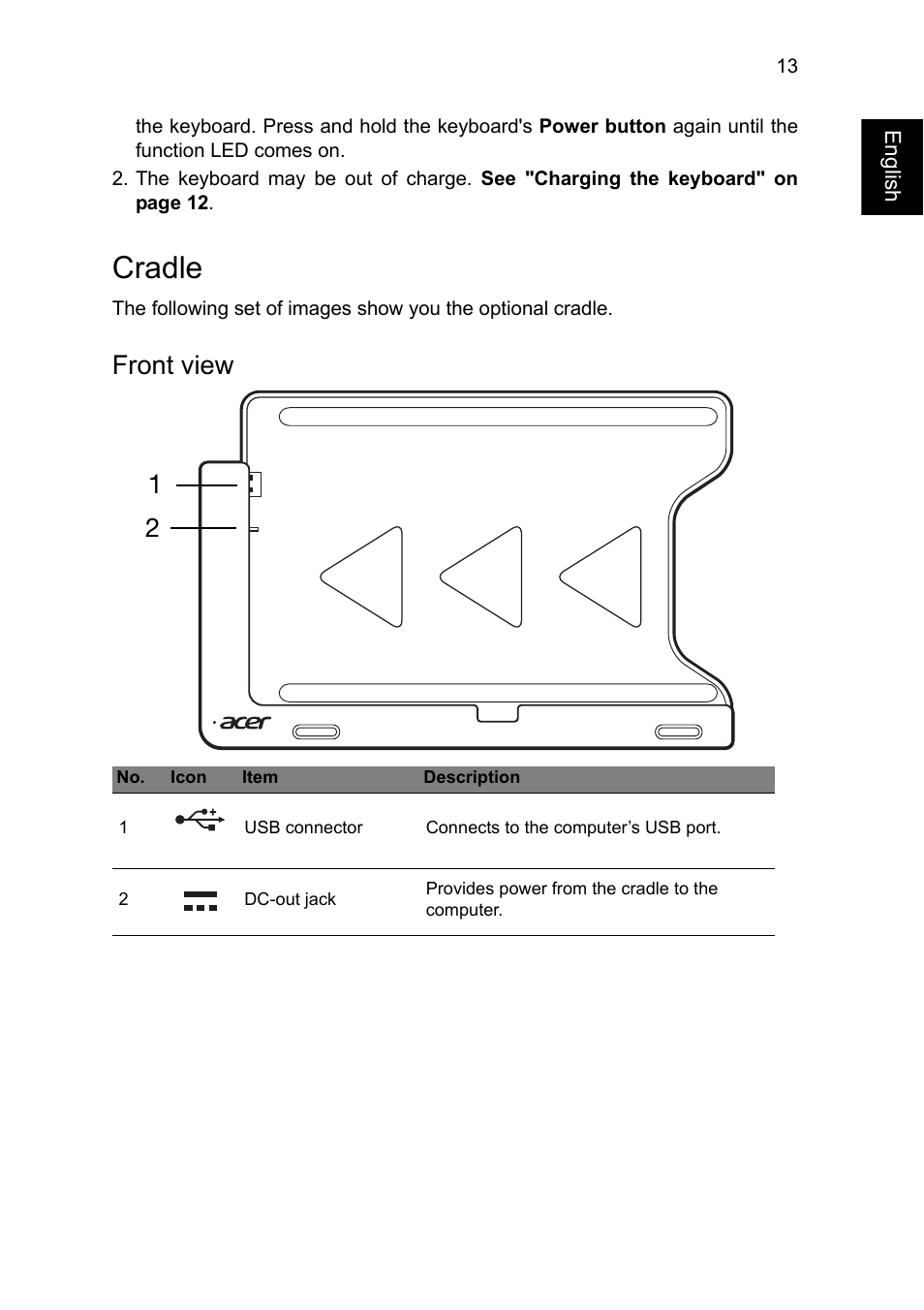 Cradle, Front view, Front view 1 2 | Acer W701 User Manual | Page 13 / 17