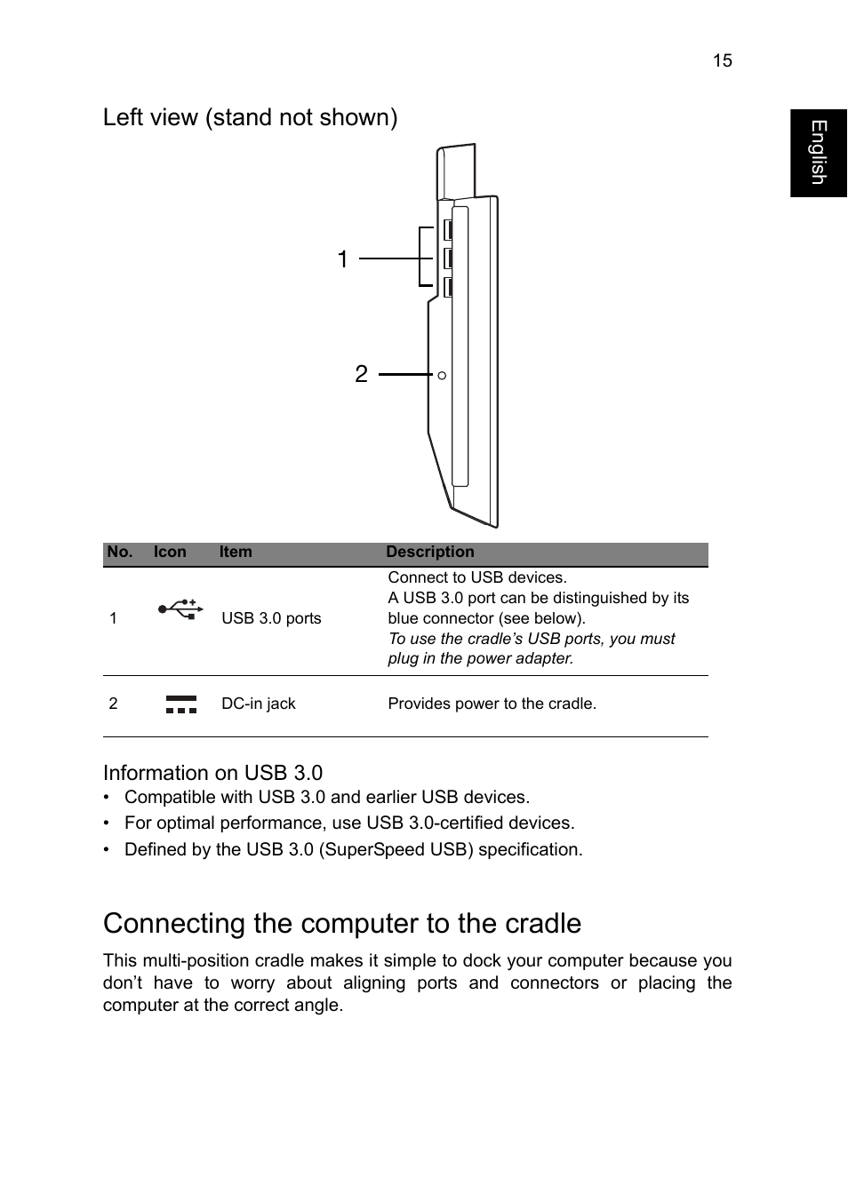 Left view (stand not shown), Connecting the computer to the cradle, Left view (stand not shown) 1 2 | Acer W701 User Manual | Page 15 / 17