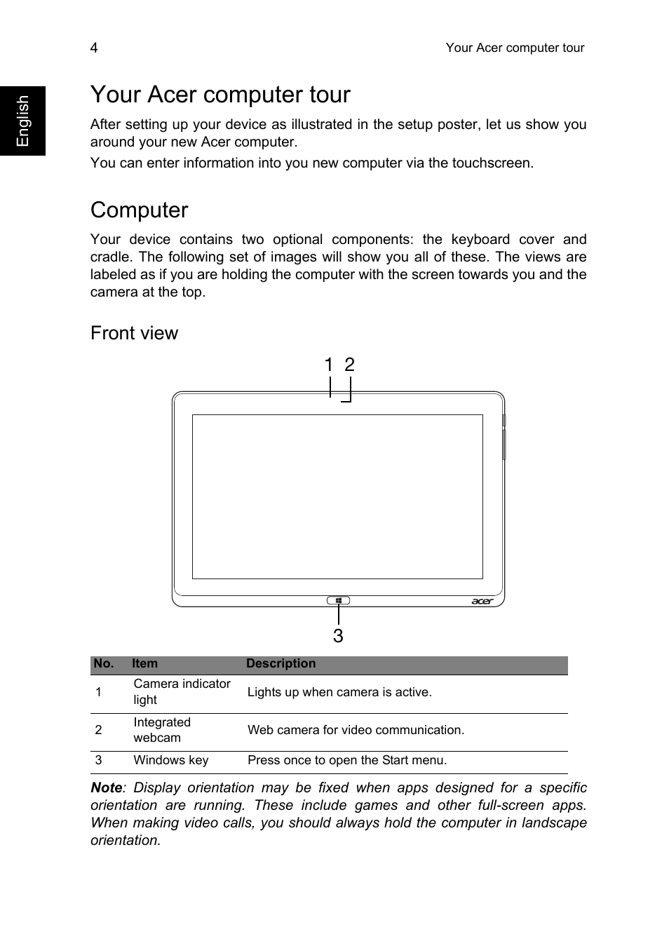 Your acer computer tour, Computer, Front view | Front view 3 1 2 | Acer W701 User Manual | Page 4 / 17