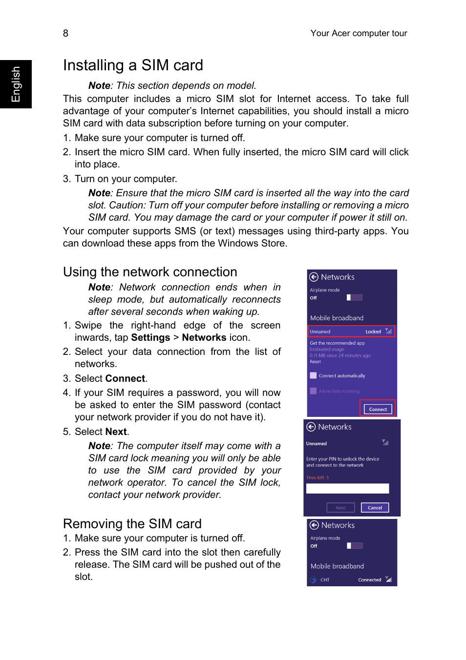 Installing a sim card, Using the network connection, Removing the sim card | Acer W701 User Manual | Page 8 / 17