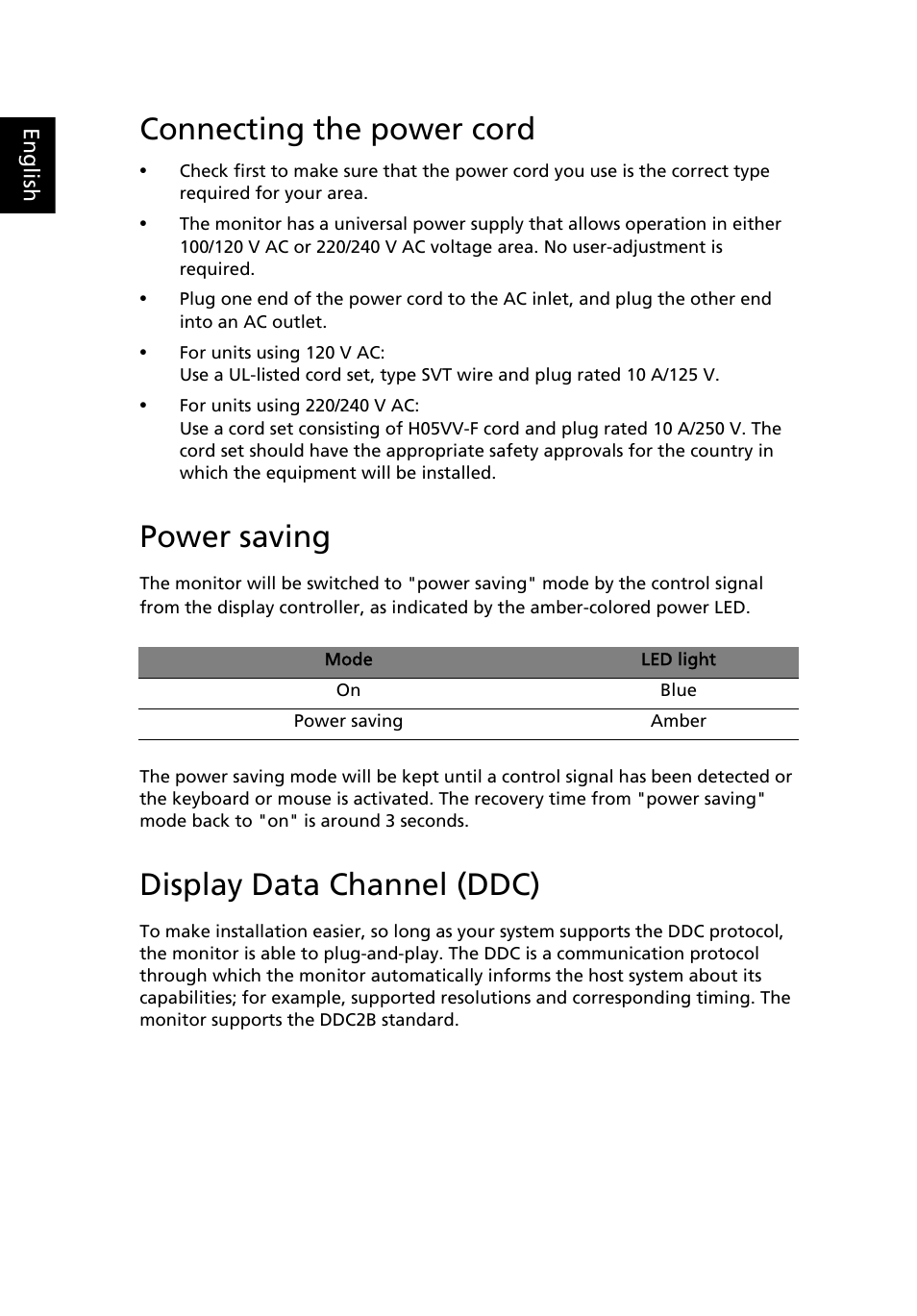 Connecting the power cord, Power saving, Display data channel (ddc) | Acer B193L User Manual | Page 18 / 29