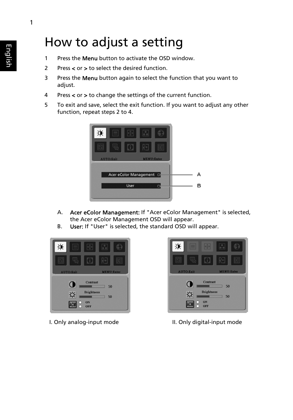 How to adjust a setting | Acer B193L User Manual | Page 24 / 29