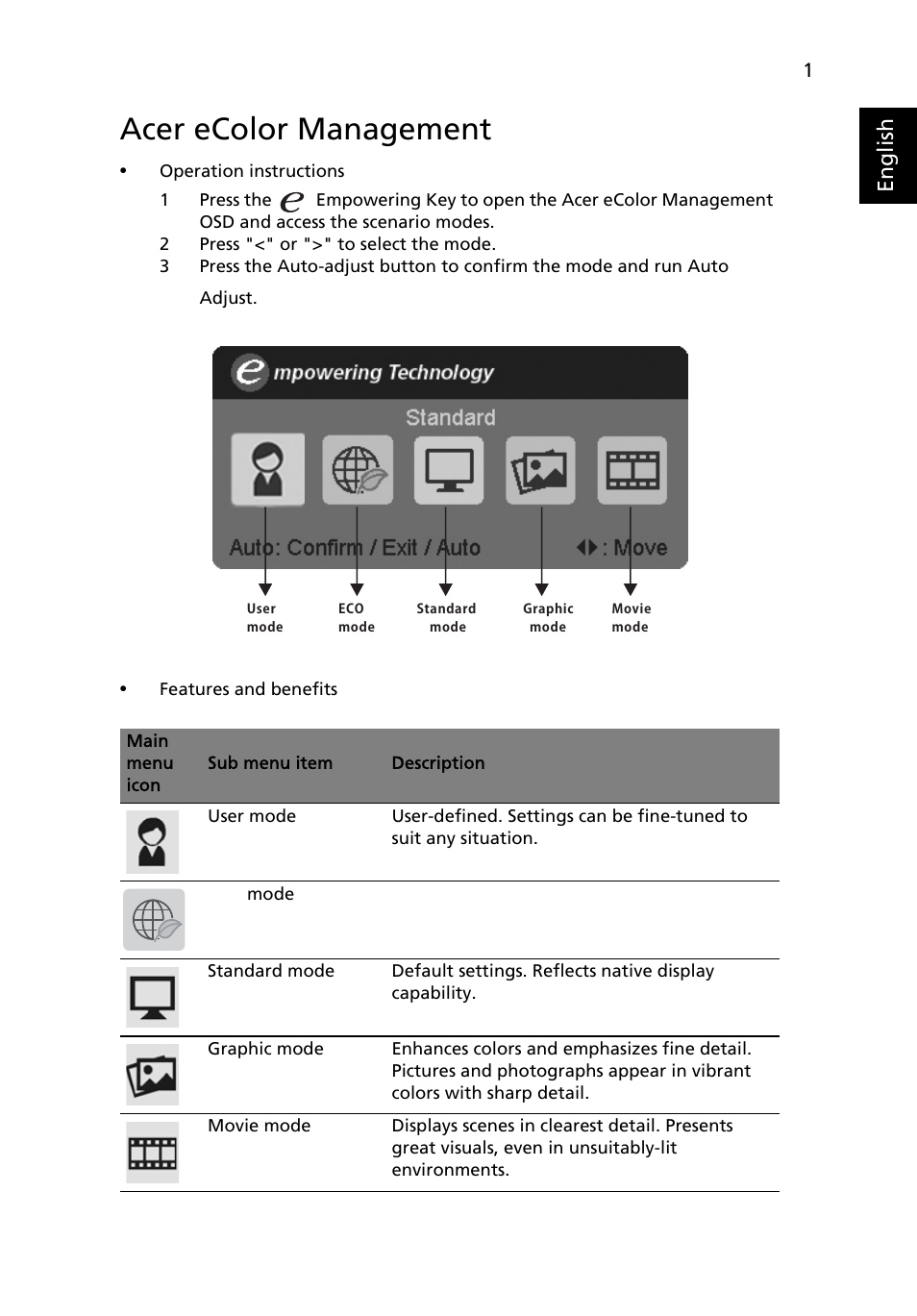 Acer ecolor management, English | Acer B193L User Manual | Page 25 / 29