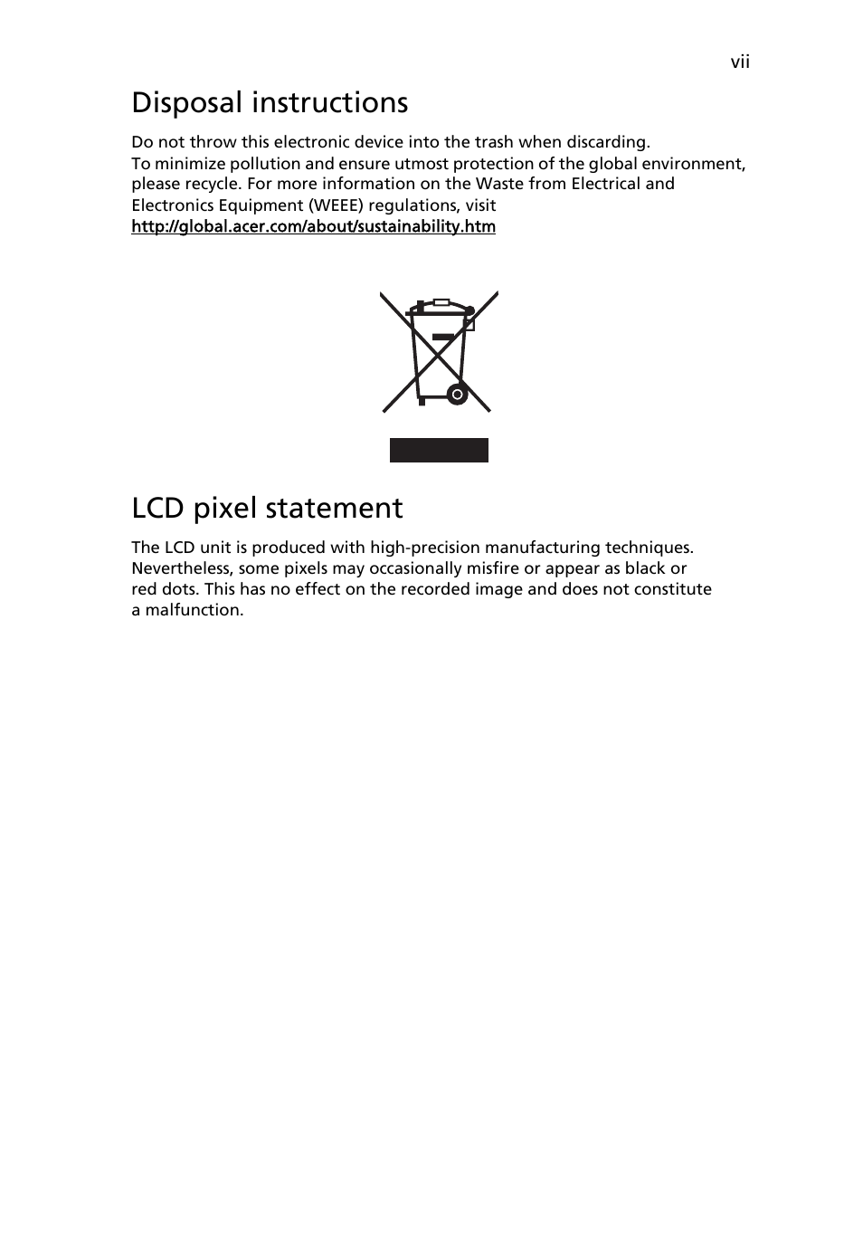 Disposal instructions, Lcd pixel statement | Acer B193L User Manual | Page 7 / 29