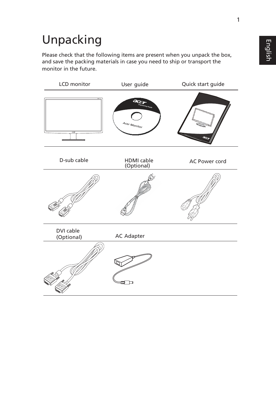 Unpacking | Acer S211HL User Manual | Page 13 / 27
