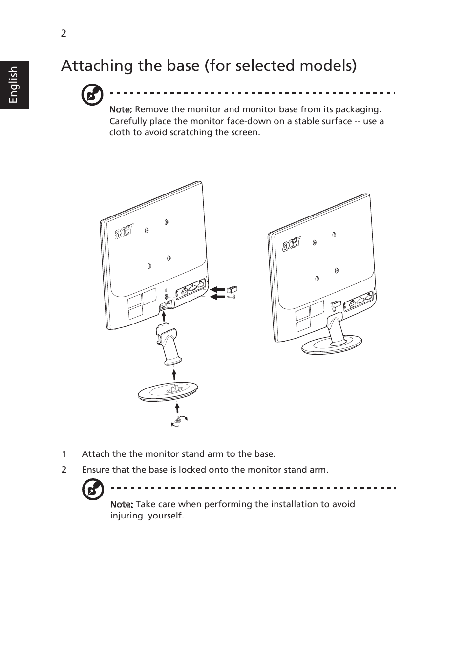 Attaching the base (for selected models) | Acer S211HL User Manual | Page 14 / 27