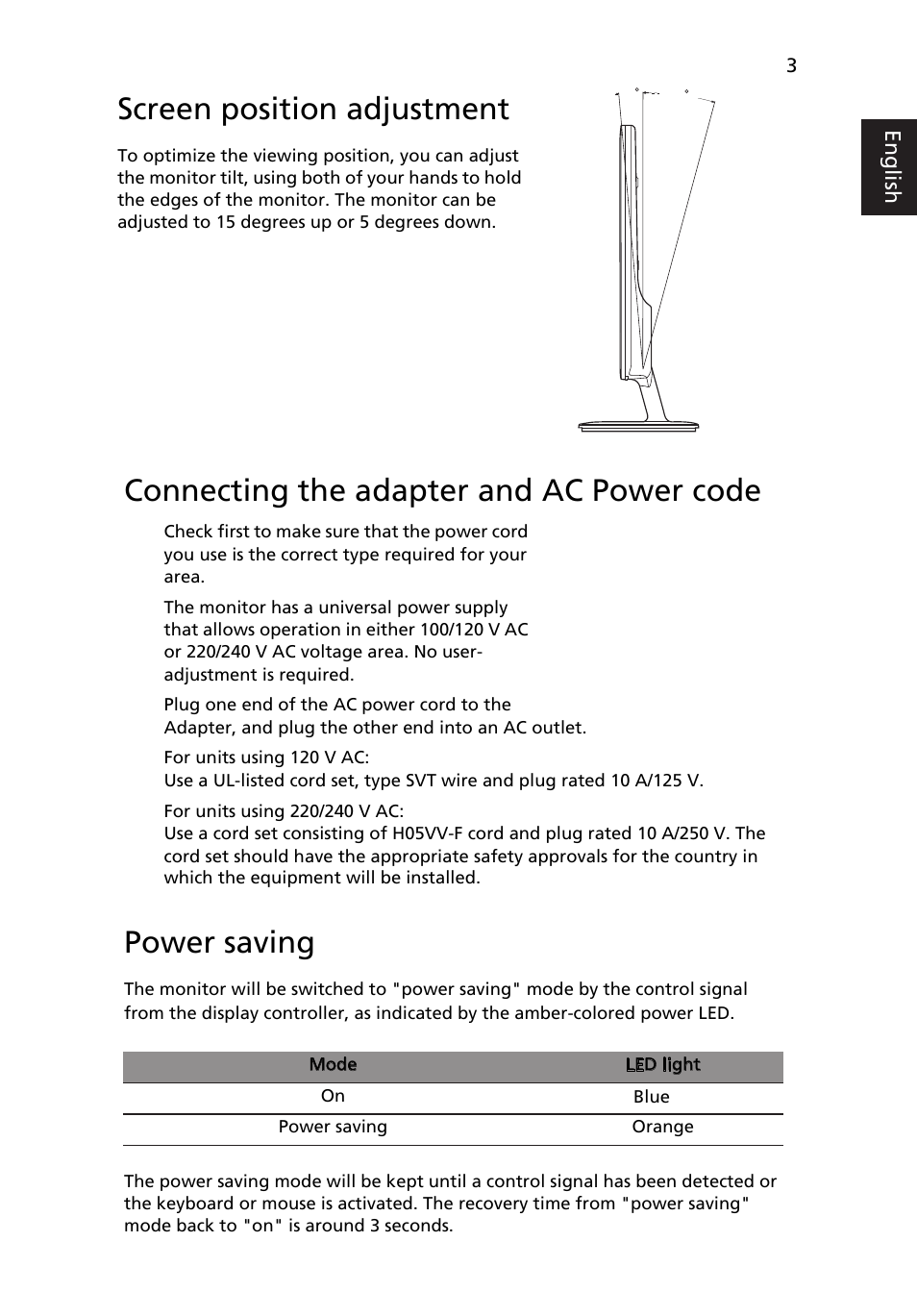 Attaching the base (for selected models), Screen position adjustment, Connecting the adapter and ac power code | Power saving | Acer S211HL User Manual | Page 15 / 27