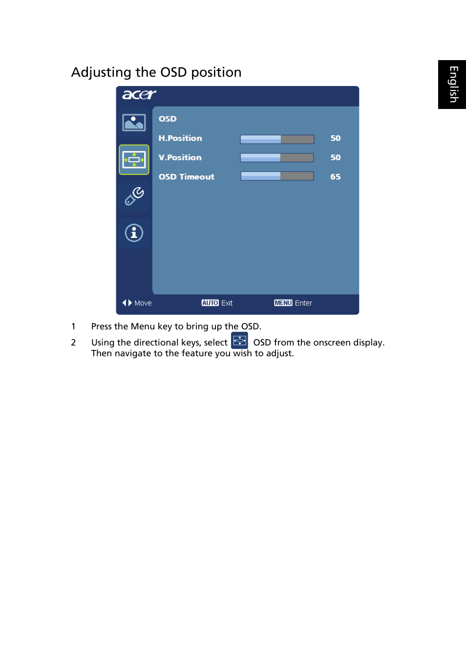 Adjusting the osd position | Acer S211HL User Manual | Page 23 / 27