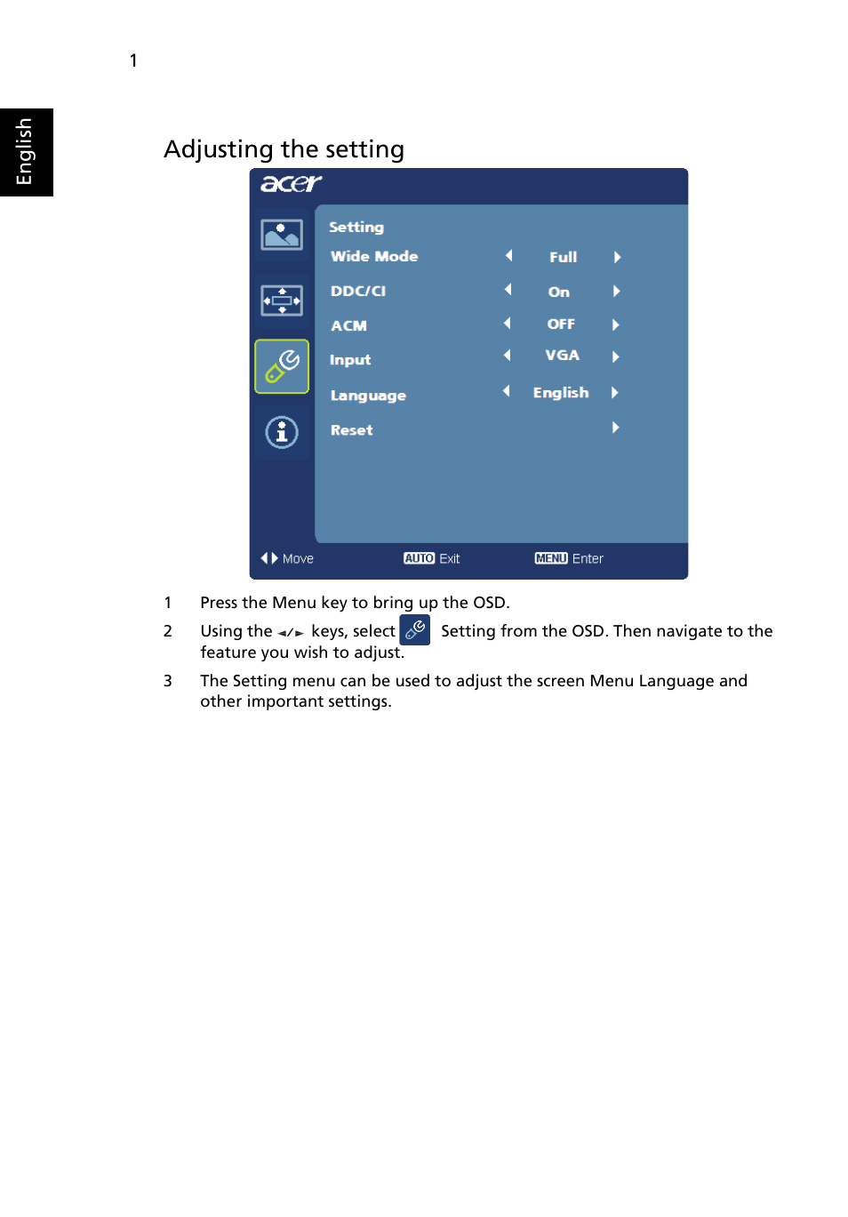 Adjusting the setting | Acer S211HL User Manual | Page 24 / 27