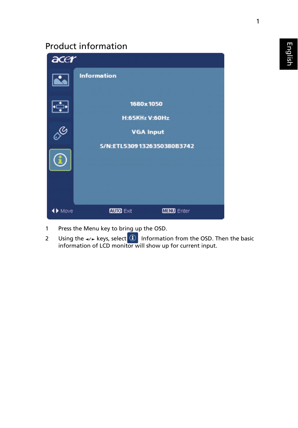Product information | Acer S211HL User Manual | Page 25 / 27