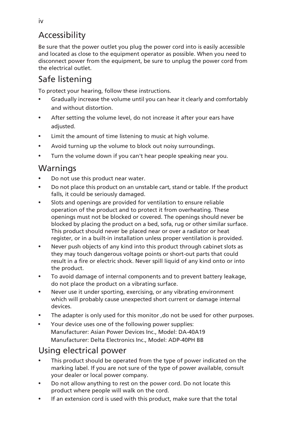 Accessibility, Safe listening, Warnings | Using electrical power | Acer S211HL User Manual | Page 4 / 27