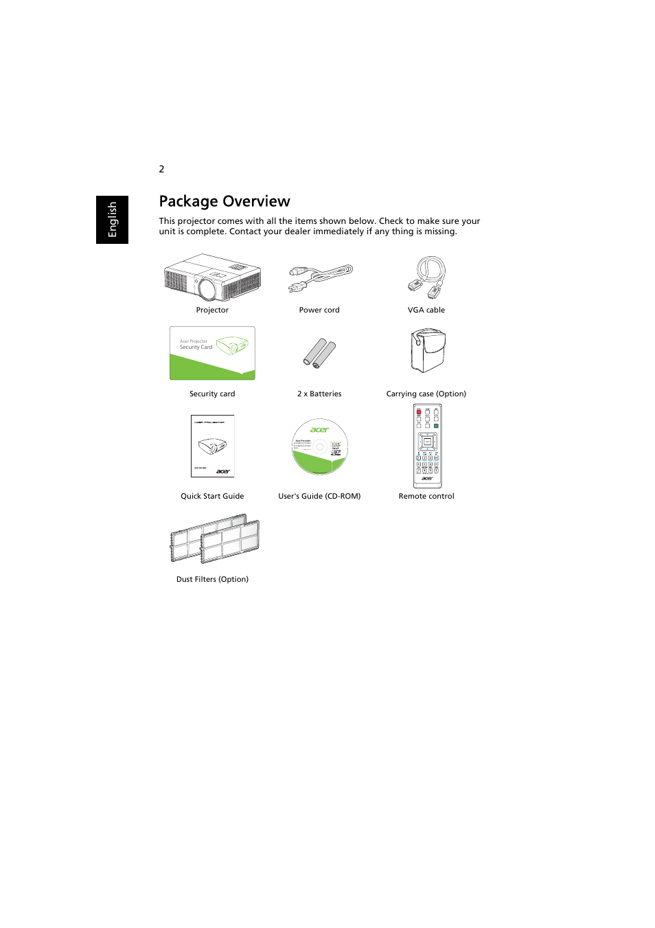 Package overview | Acer S1370WHn User Manual | Page 12 / 64