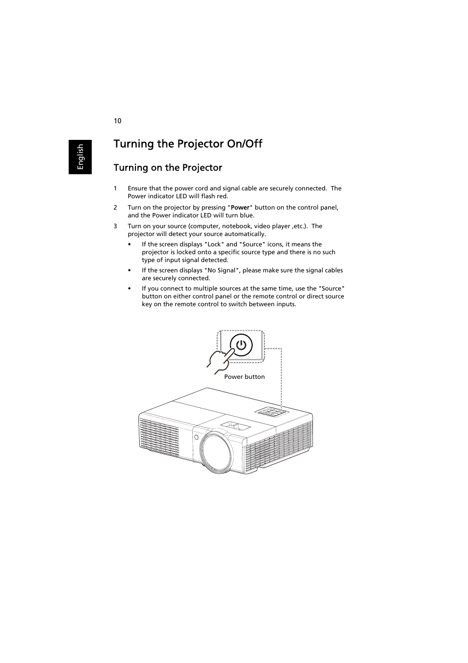 Turning the projector on/off, Turning on the projector | Acer S1370WHn User Manual | Page 20 / 64