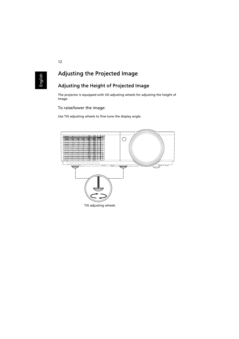 Adjusting the projected image, Adjusting the height of projected image | Acer S1370WHn User Manual | Page 22 / 64